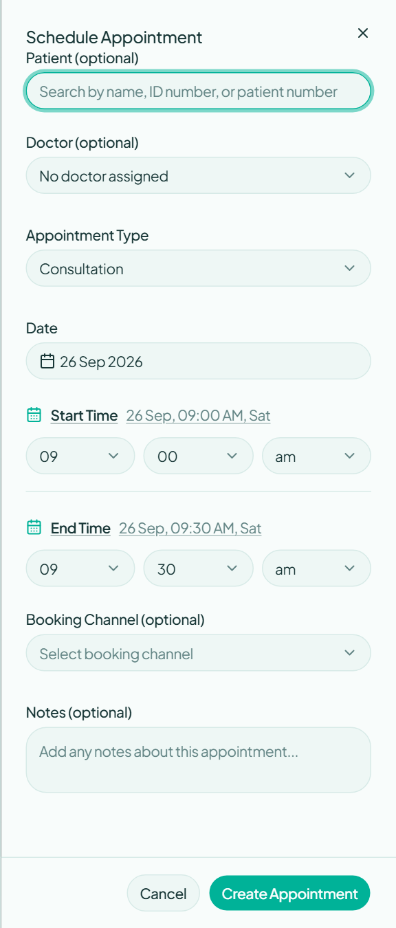 Unsaved appointment form with patient, doctor, appointment type, date, and time fields.