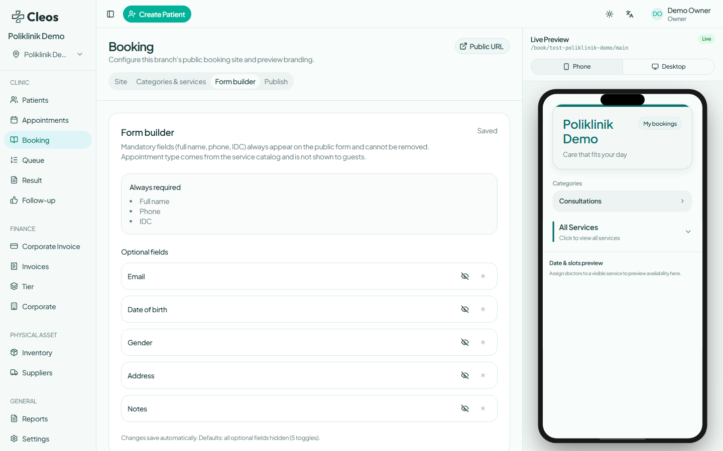 Booking form builder showing required and optional patient fields.