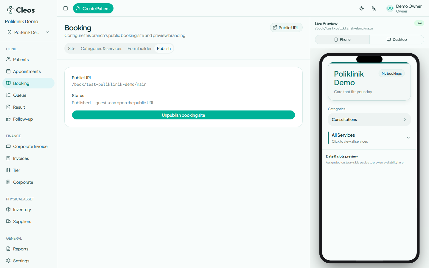 Booking Publish tab showing the public URL, publication status, and phone preview.