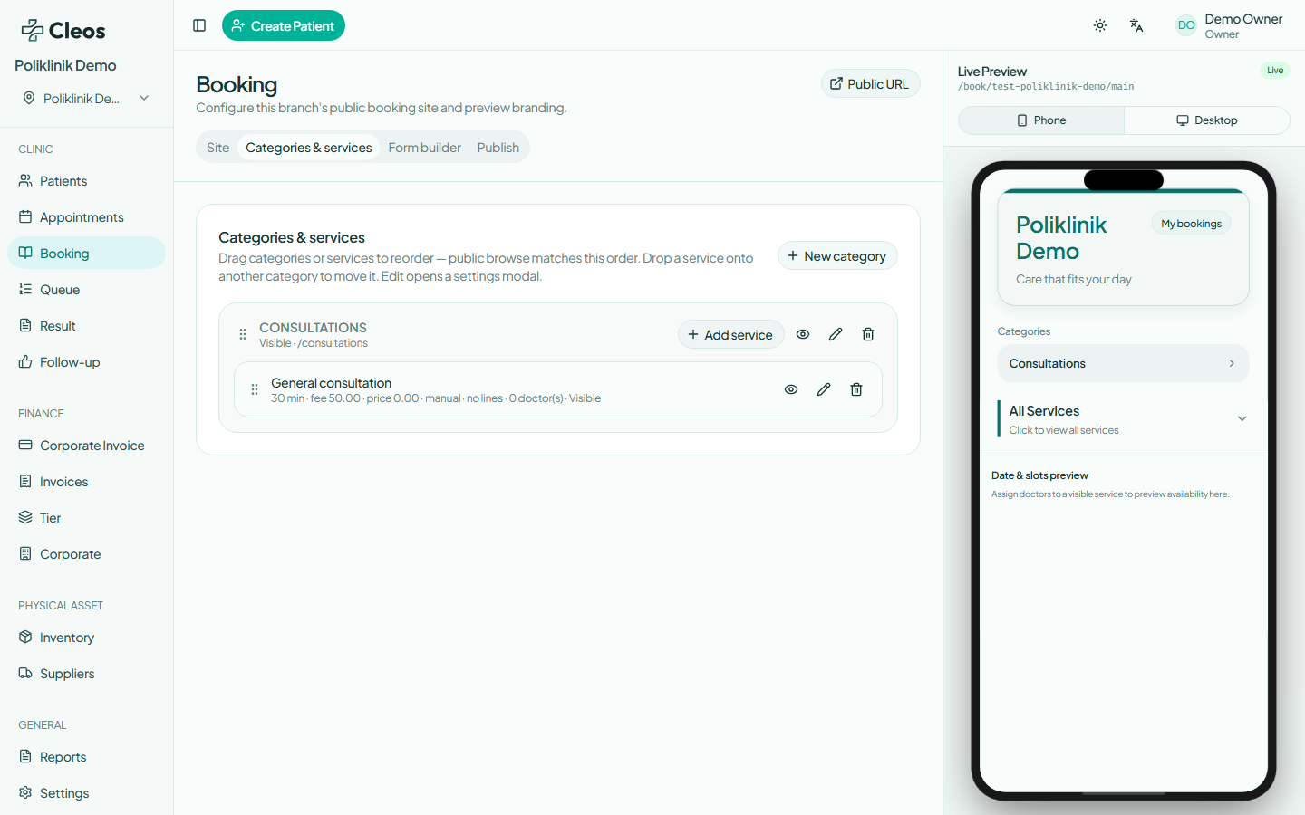 Booking Categories and services editor beside the phone preview.