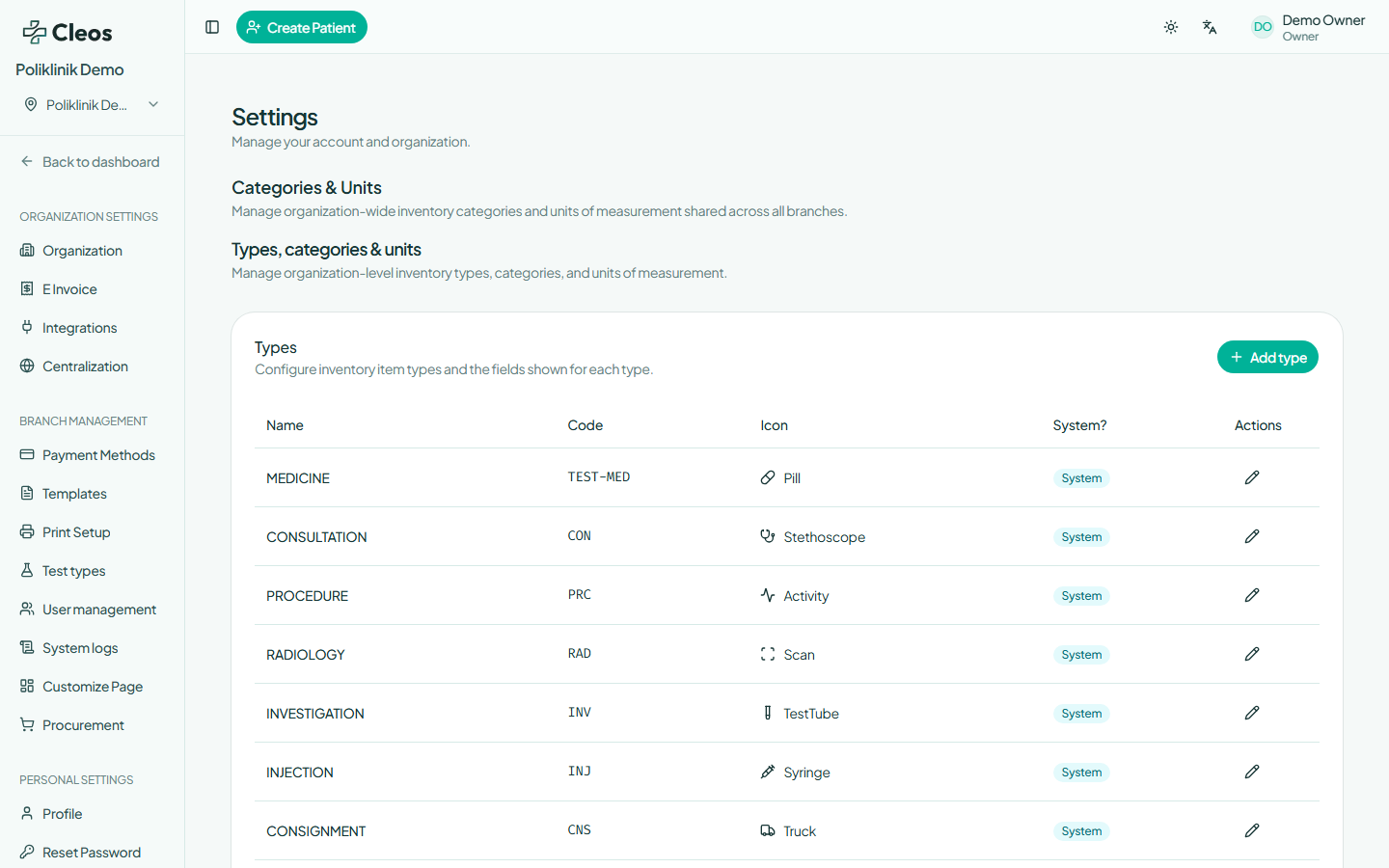Categories and Units settings showing inventory types and their system status.