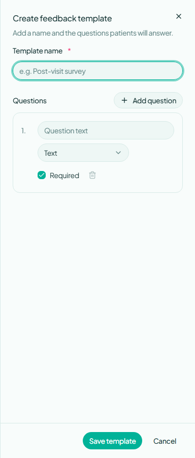 Unsaved feedback template form with template name and question fields.