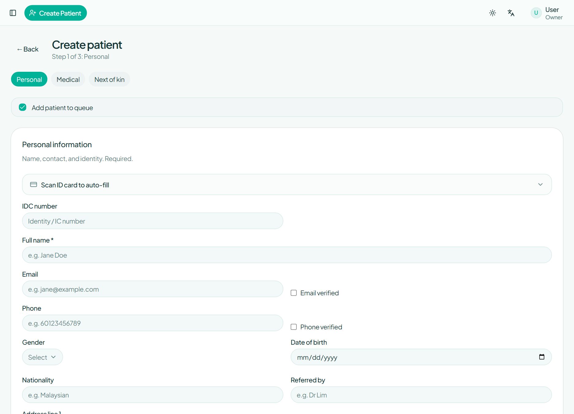 Create patient form with personal information and the Add patient to queue option.