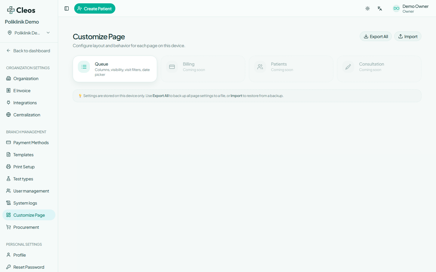 Customize Page settings showing the available Queue layout configuration.