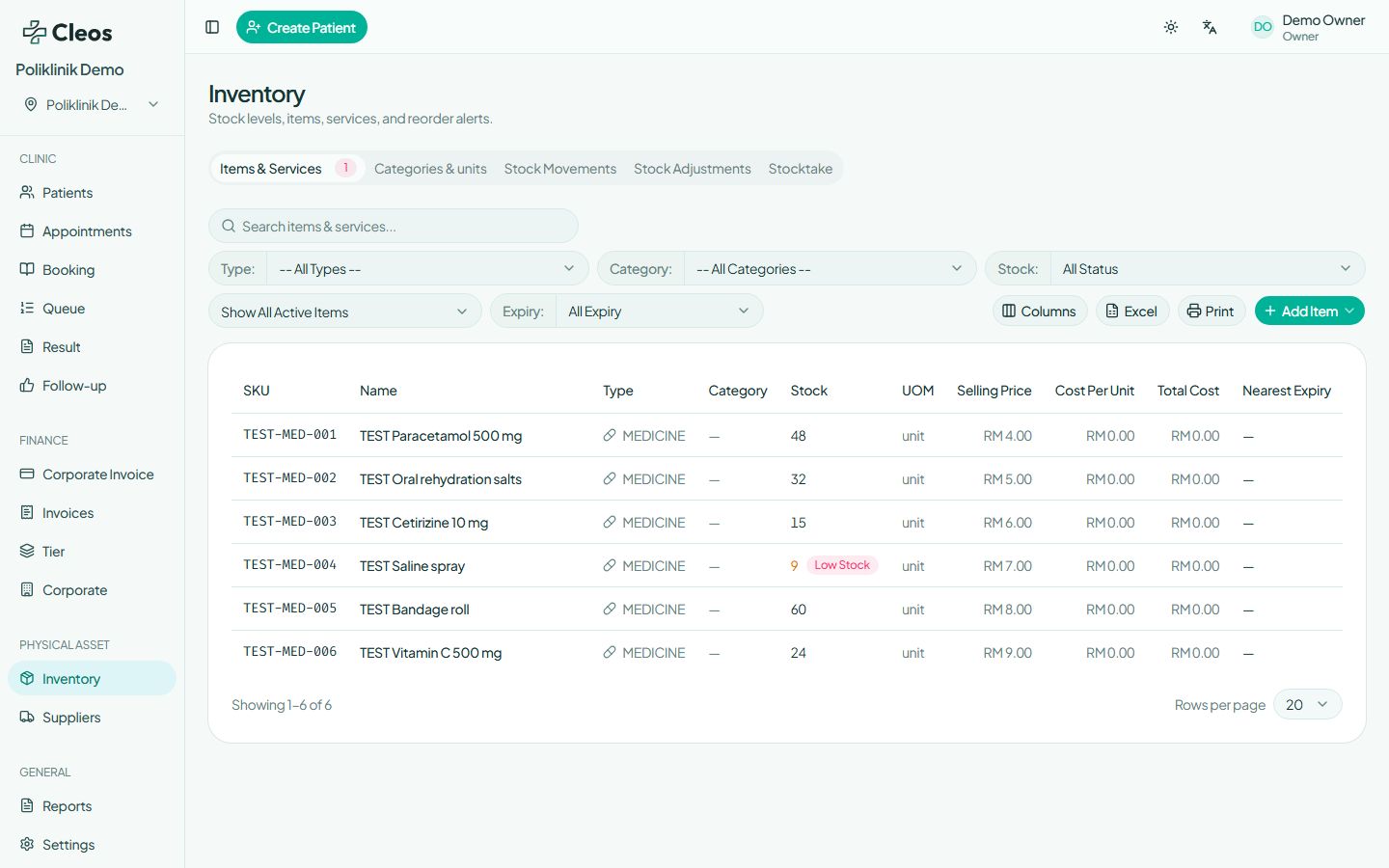 Inventory list in Poliklinik Demo with fictional TEST items, stock levels, and Add Item.