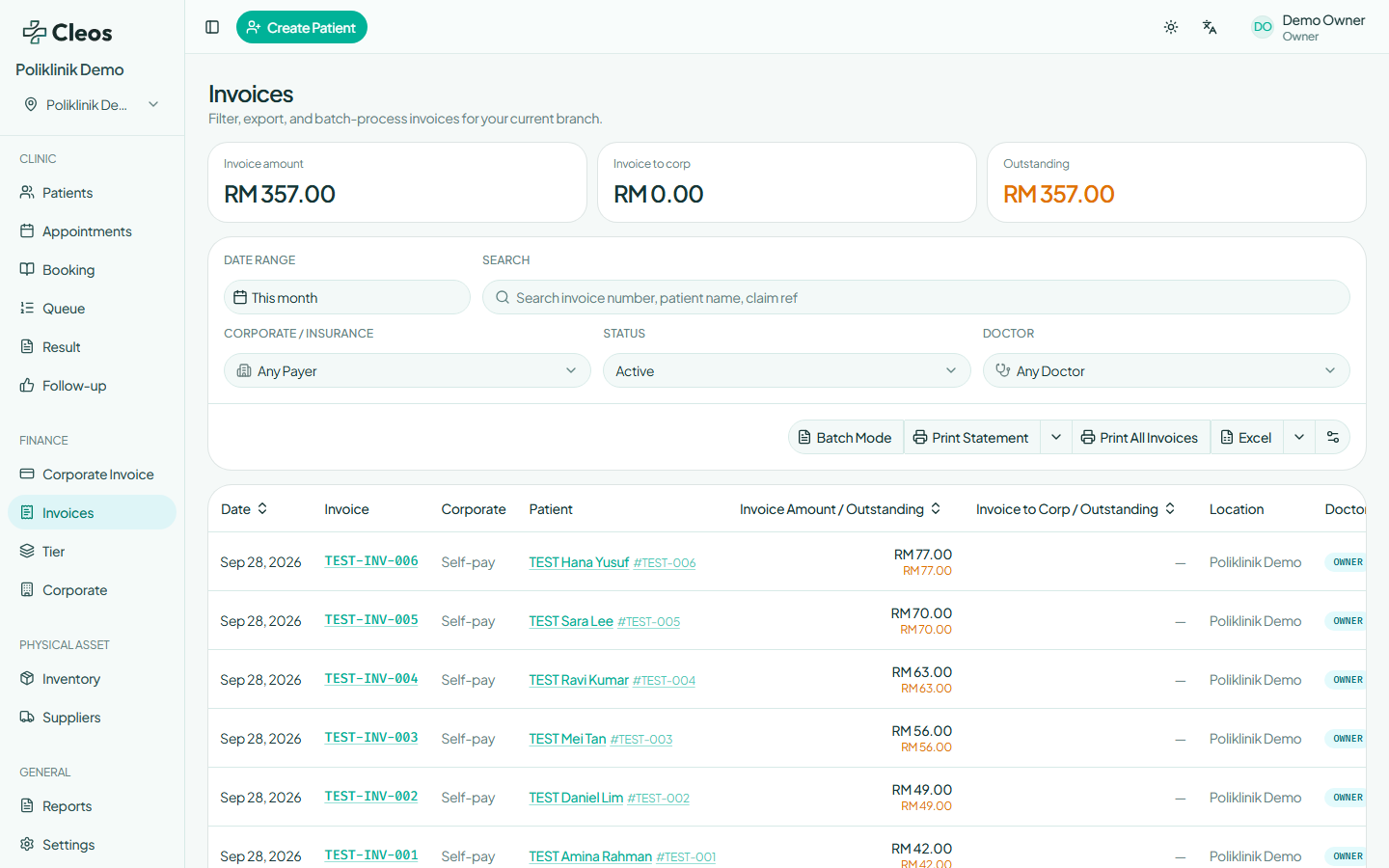 Invoices list with fictional TEST invoice numbers, patient names, amounts, and outstanding balances.