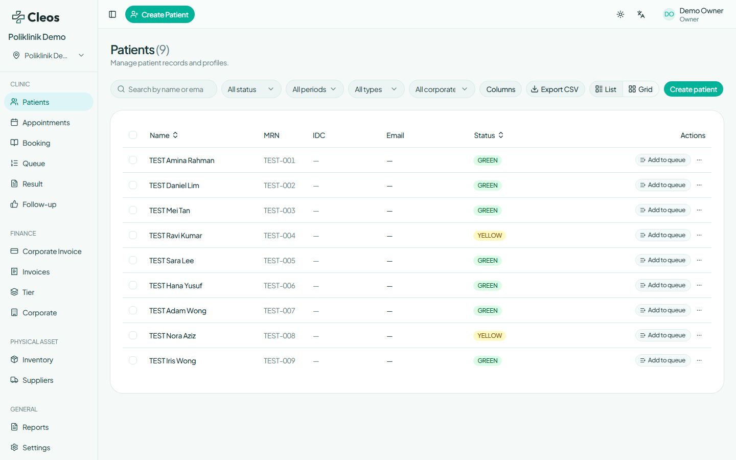Patients list in Poliklinik Demo with fictional TEST records, search, and Add to queue actions.