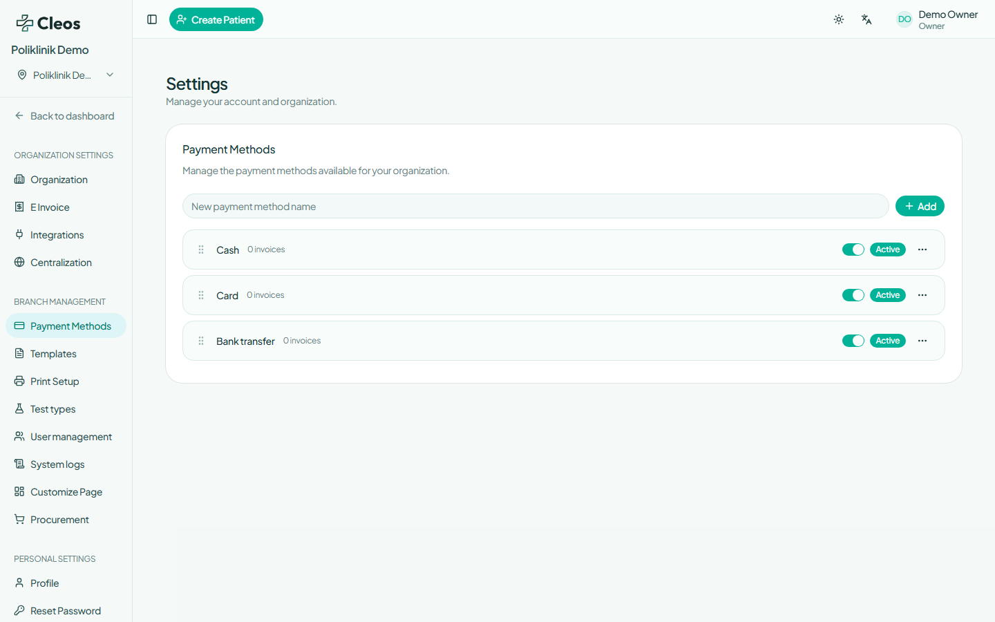 Payment Methods settings with active Cash, Card, and Bank transfer options.