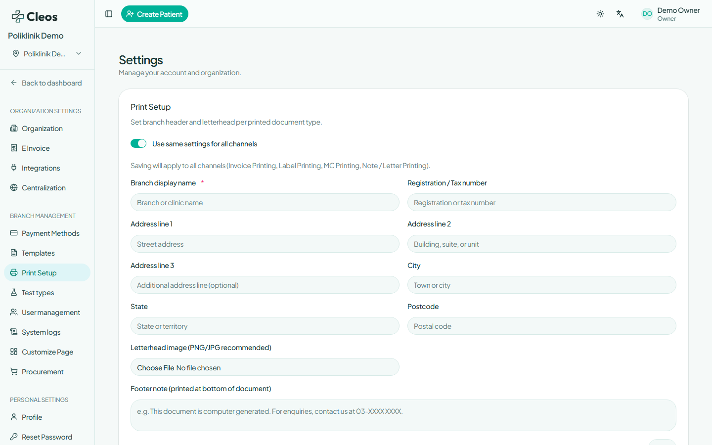 Print Setup settings with empty branch header and footer fields.