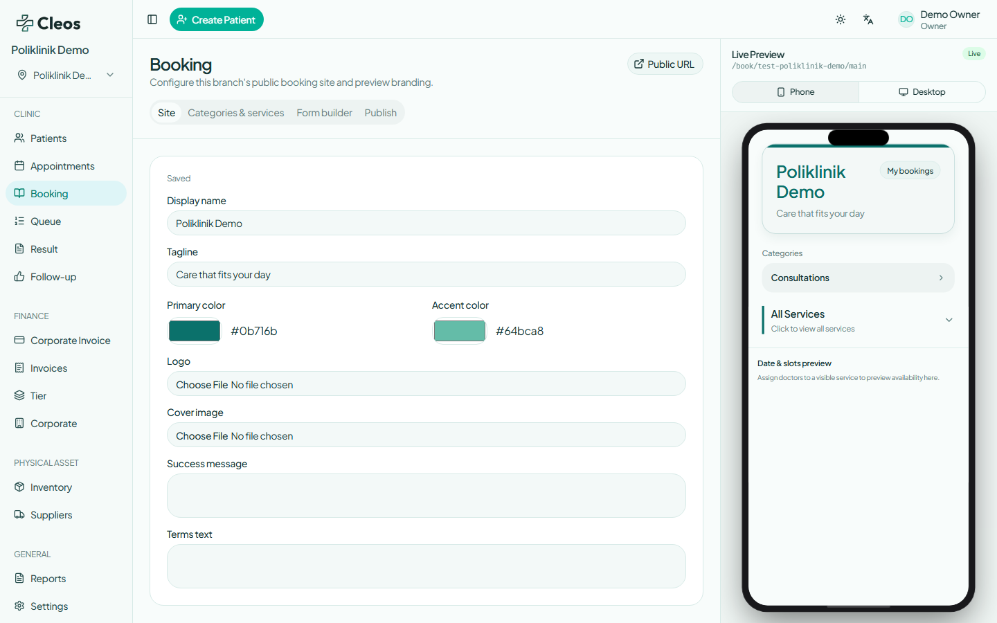 Booking Site settings beside a live phone preview of the public booking page.