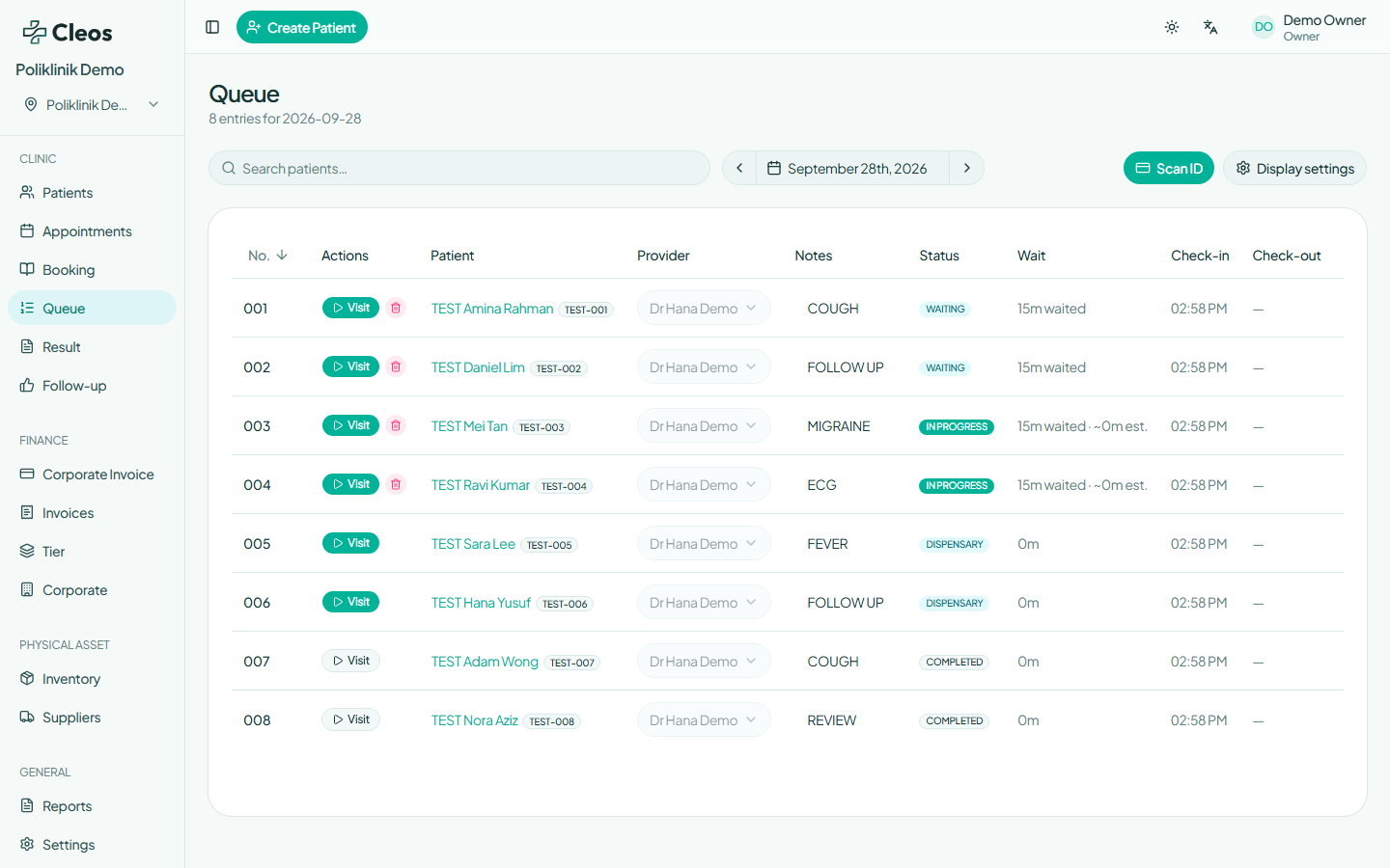 Queue with fictional TEST visits in Waiting, In Progress, In Dispensary, and Completed states.