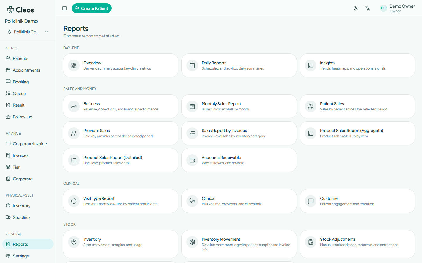 Reports menu grouped into day-end, sales and money, clinical, and stock reports.