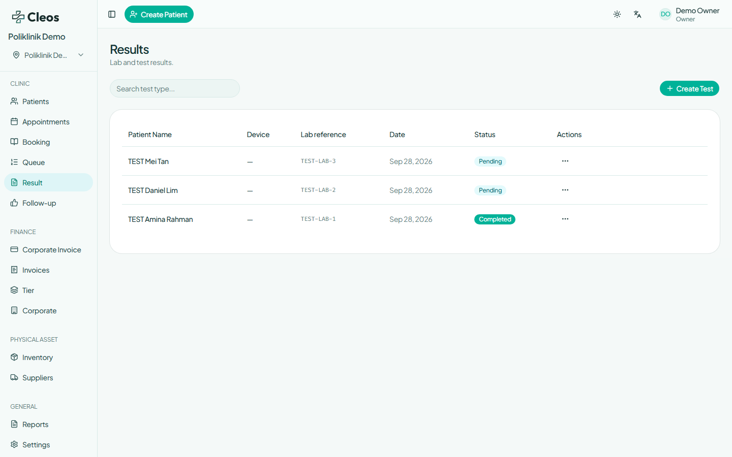 Results list with fictional TEST patients, lab references, dates, and statuses.