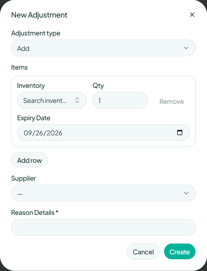 Unsaved stock adjustment form with item, quantity, expiry, supplier, and reason fields.