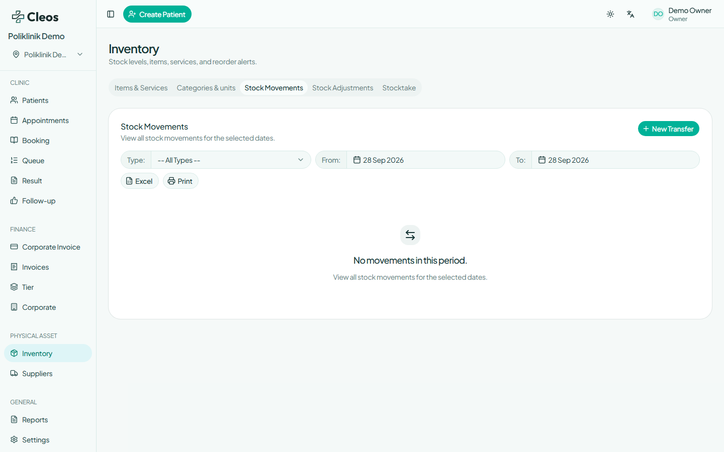 Stock Movements view with type and date filters plus export and print controls.