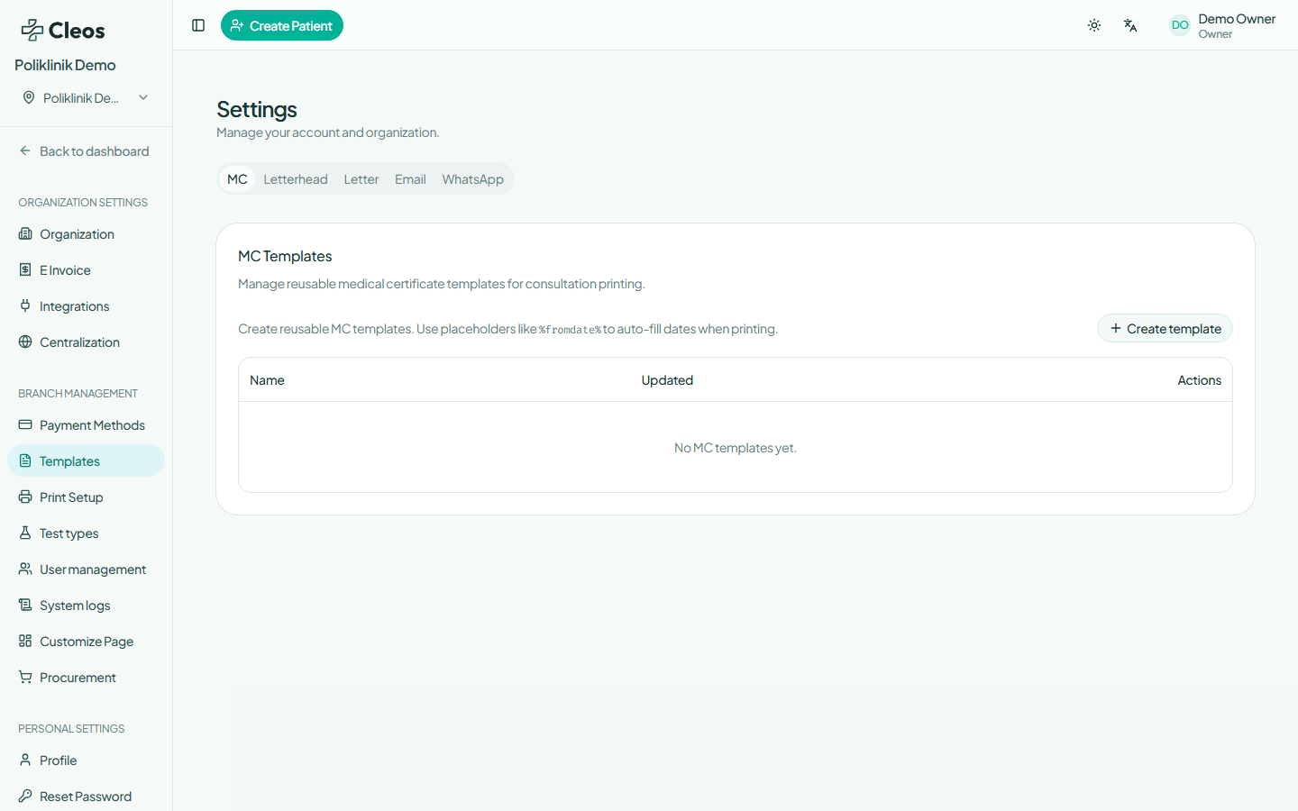 Templates settings with MC, letterhead, letter, email, and WhatsApp tabs.