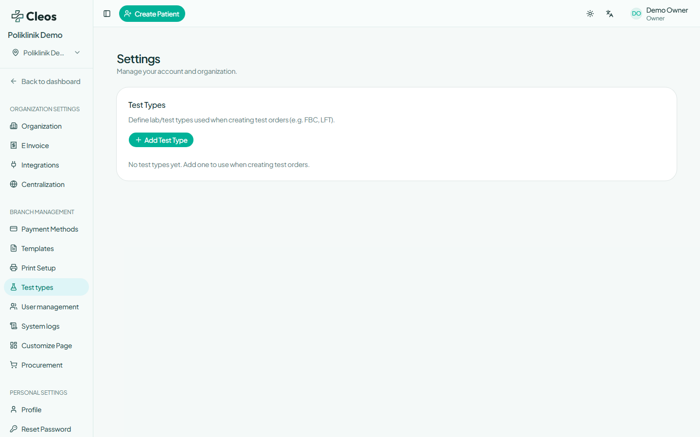 Test Types settings with Add Test Type and an empty list.